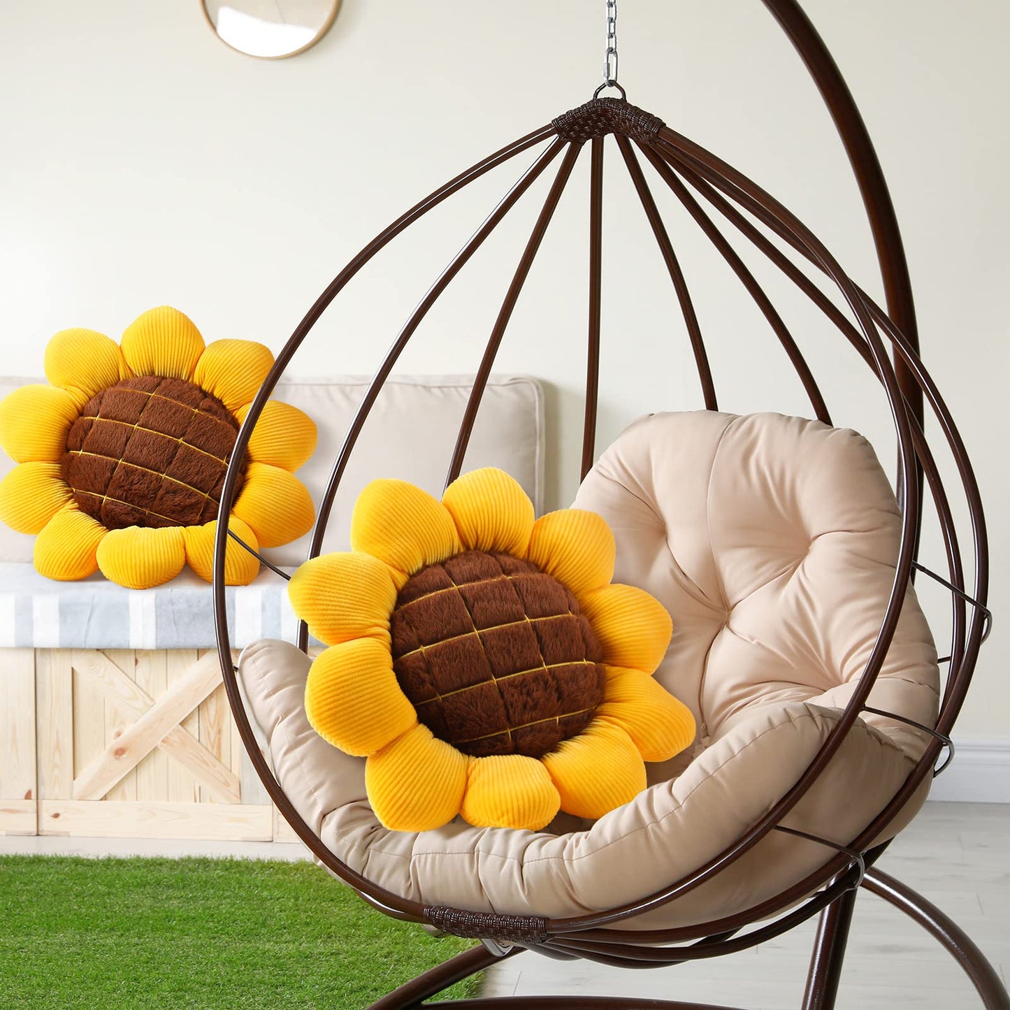 Coume 2 Pieces 3D Sunflower Flower Floor Pillow Seating Cushion Mat Sunflower Shaped Throw Pillow Yellow Chair Pads Decorative Plush for Bed Car Chair Sofa Office Gifts(19 Inch)