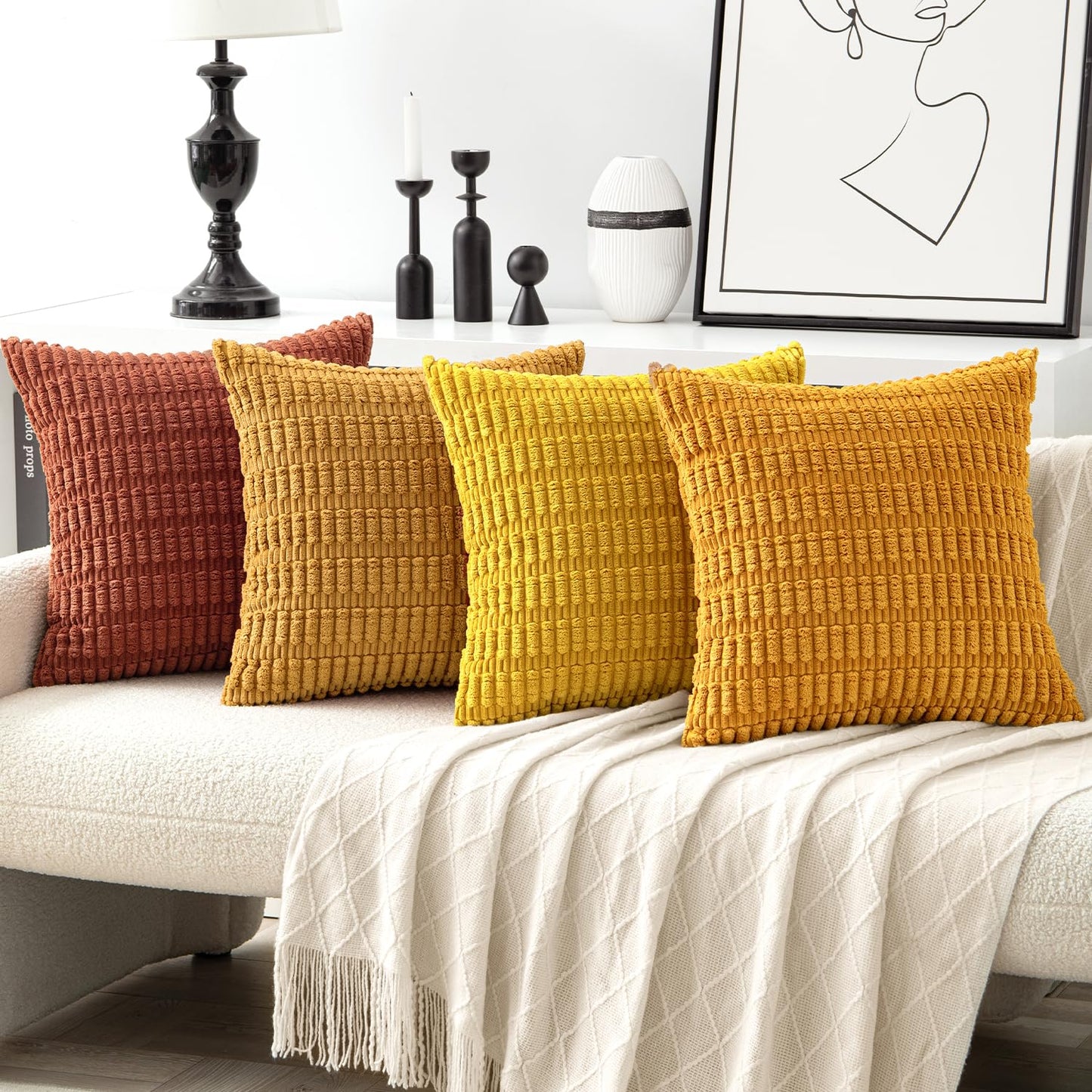 MIULEE Pack of 4 Fall Boho Farmhouse Orange Yellow Corduroy Decorative Throw Pillow Covers 18x18 Inch Soft Striped Pillow Covers Modern Rustic Home Decor for Sofa Living Room Couch Bed