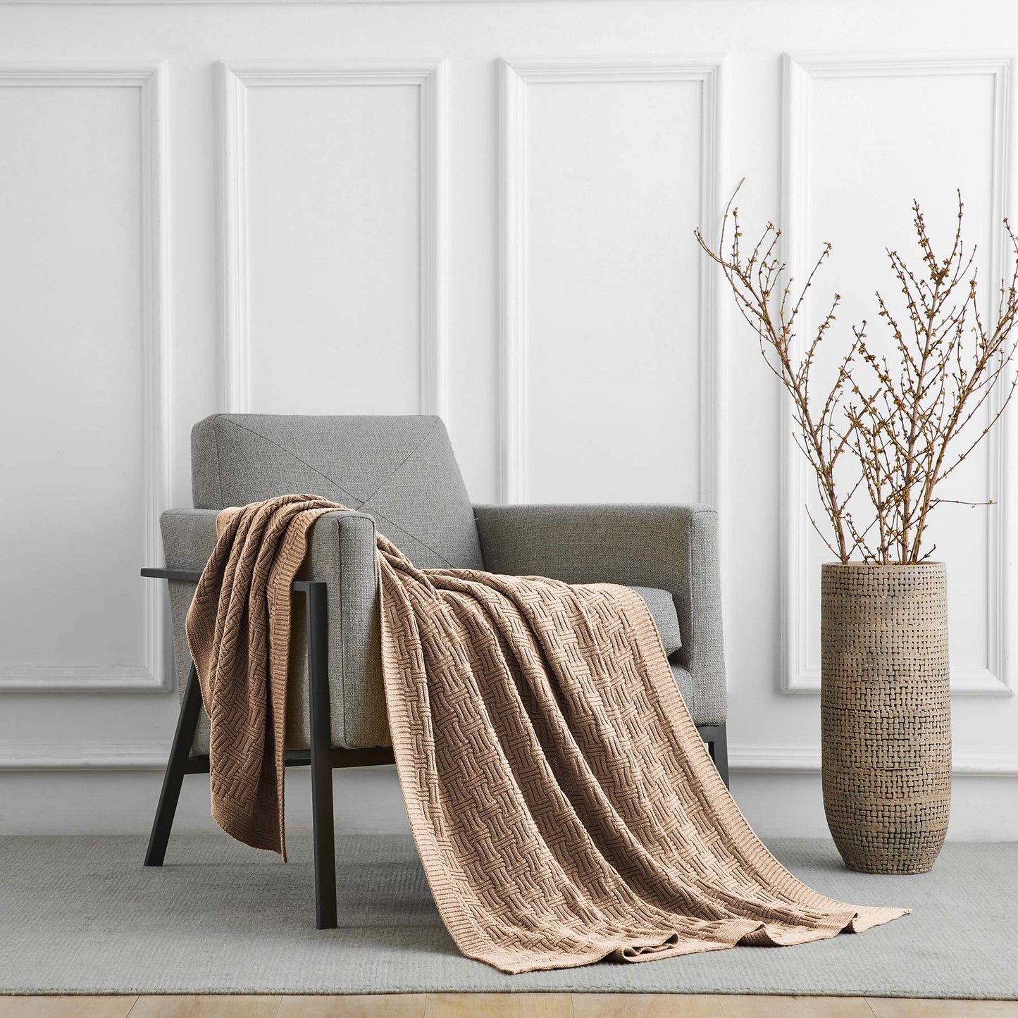 Longhui bedding Cotton Khaki Cable Knit Throw Blanket for Couch Sofa Bed with Bonus Laundering Bag – Large 60 x 80 Thick, 3.4 LB, Machine Washable, Comfortable Home Décor