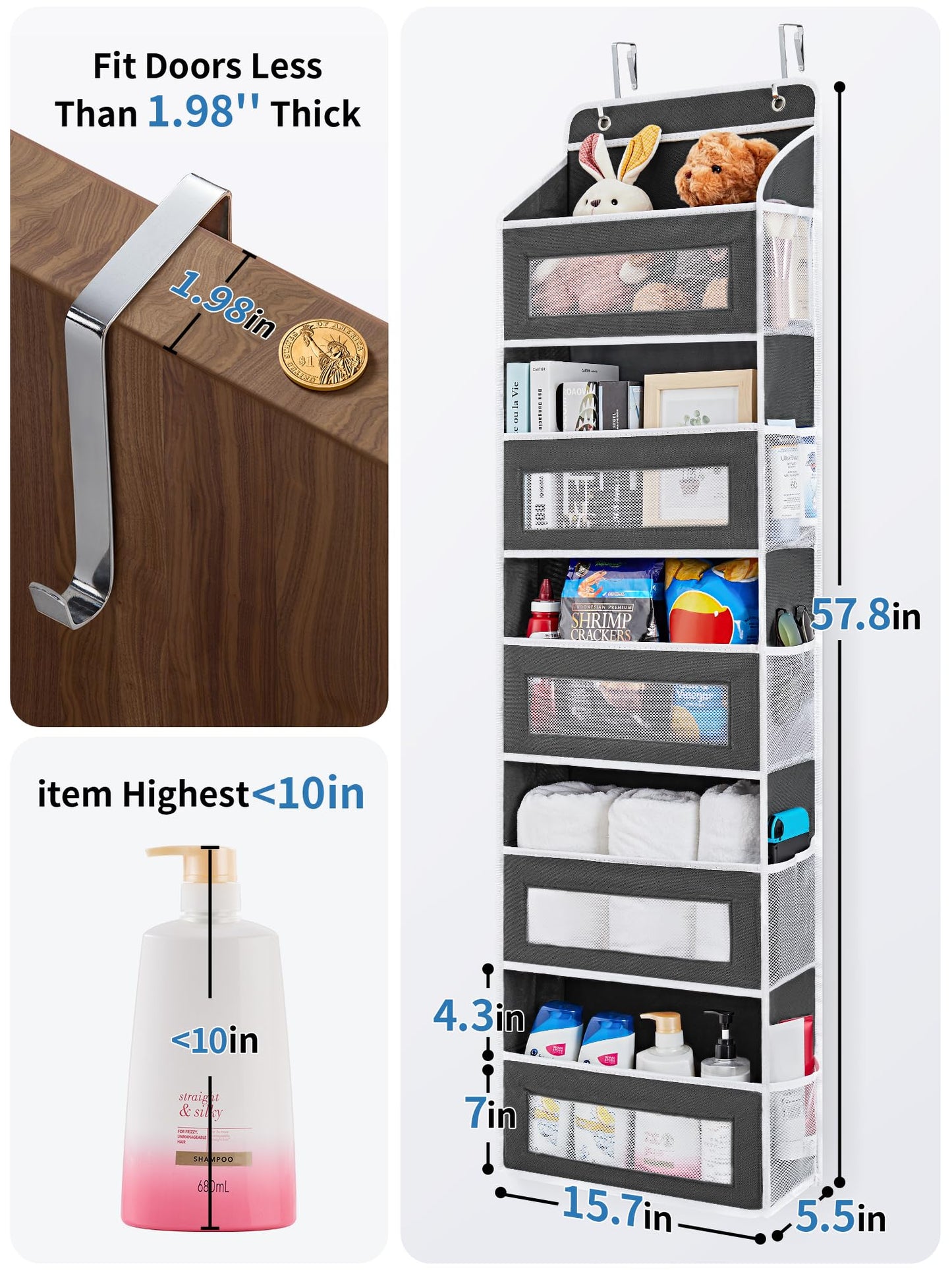 JARLINK Over the Door Organizer Storage, 5 shelf Hanging Organizer with 5 Large Capacity Pockets, Anti Tilt 44 lb Load Behind Door Storage for Bedroom, Bathroom, Pantry, Nursery, (Black)
