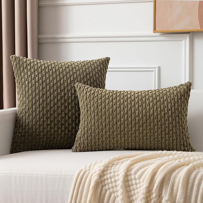 Kevin Textile 2 Packs Olive Green Euro Farmhouse Decorative Throw Pillow Covers 26x26 Inch for Living Room Couch Bed Sofa Rustic Boho Home Decor Soft Striped Corduroy Square Cushion Case 66x66 cm