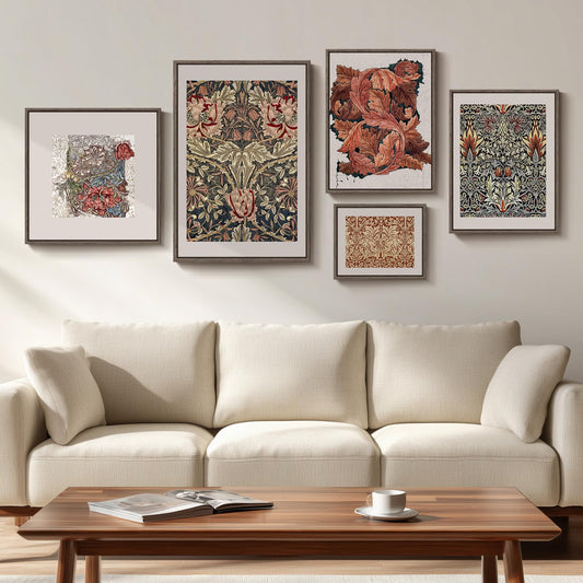 Framed William Morris Gallery Wall Art Set of 5, Vintage Colorful Botanical Floral Prints, Retro Boho Artwork for Living Room, Bedroom, Home Office, Hallway Decor