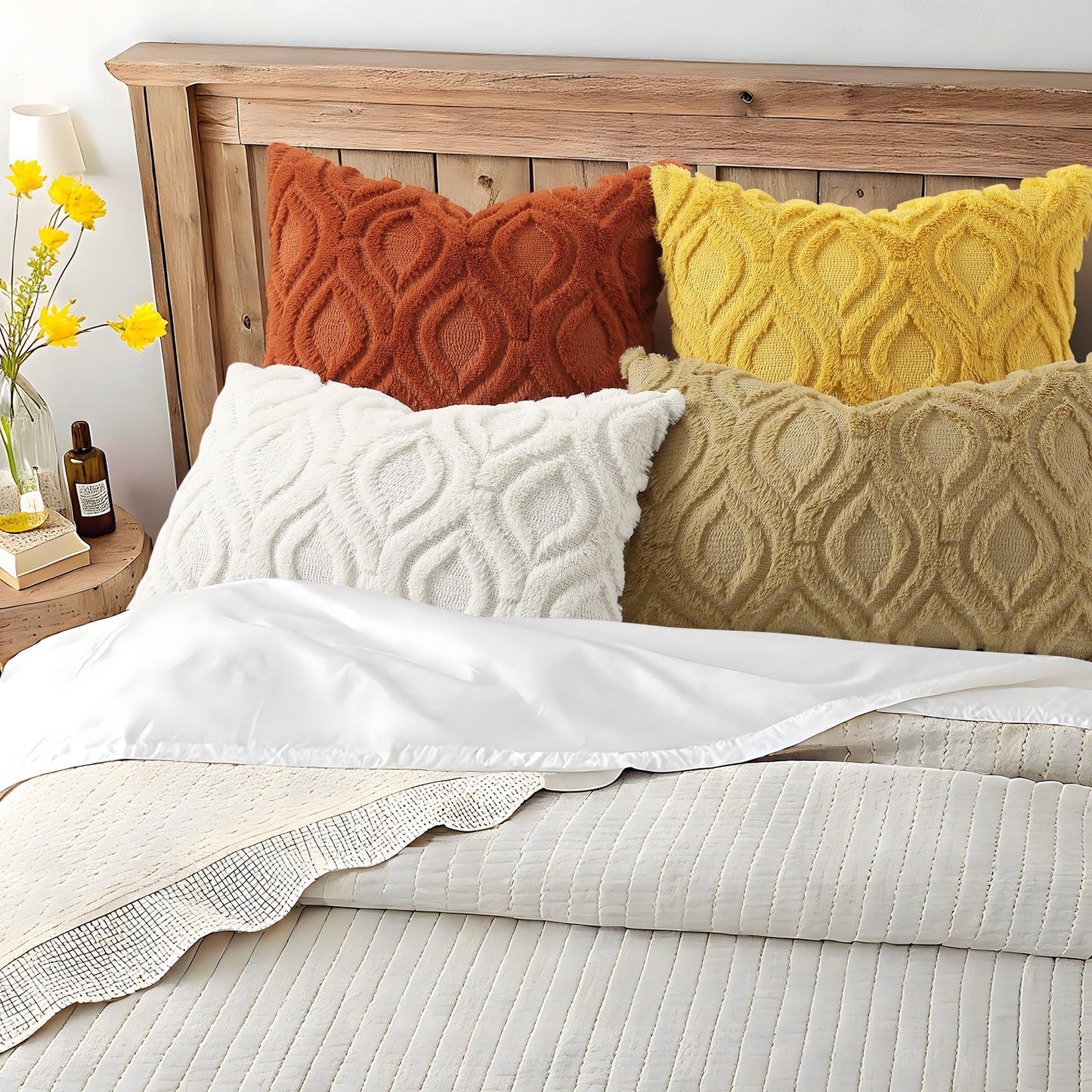 decorUhome Throw Pillow Covers 12x20 Inch Set of 2, Soft Plush Faux Wool Rust Solid Couch Pillow Covers, Accent Farmhouse Neutral Rectangle Pillow Cases for Sofa Bed Living Room