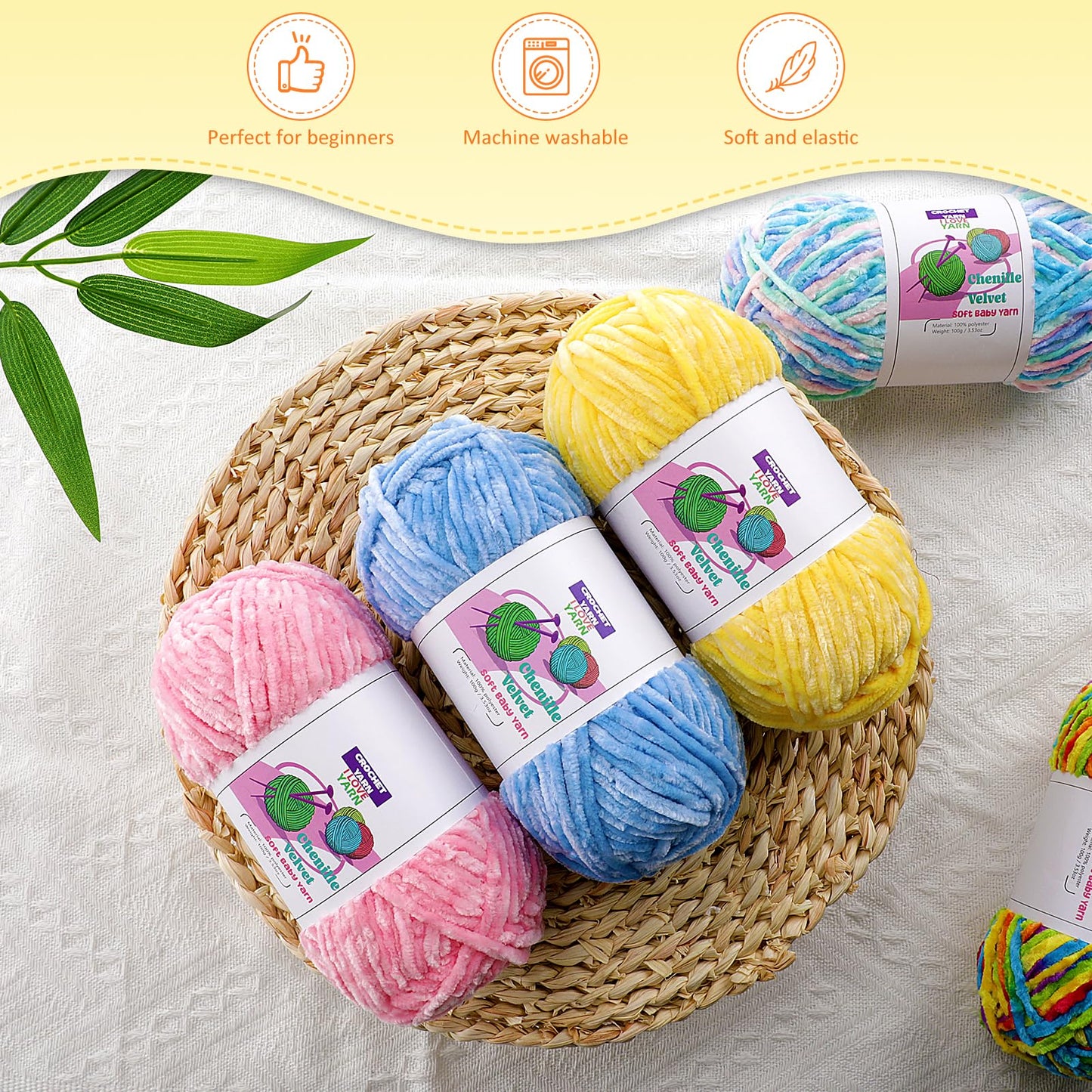 4 Skeins Soft Chunky Chenille Yarn, Plush Velvet Yarn for Hand Knitting and Crocheting, Fluffy Yarn for Crochet Blankets, Scarves, Hats（4×3.5oz, 4×131.2yds） (Light Blue)