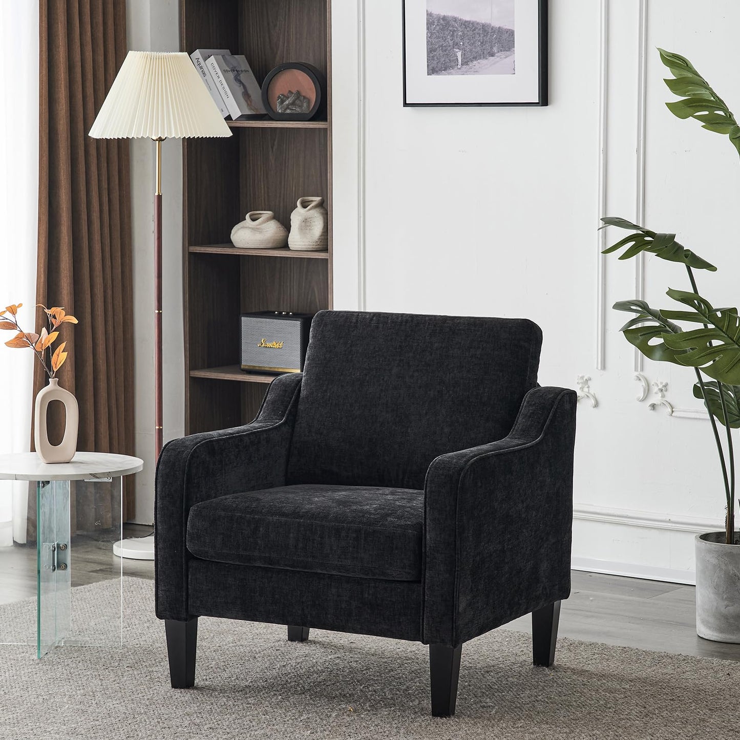 VINGLI Mid Century Modern Accent Chairs, Black Soft Chenille Reading Chair Upholstered Armchair Side Chairs Sofa Couches for Living Room, Bedroom, Apartment