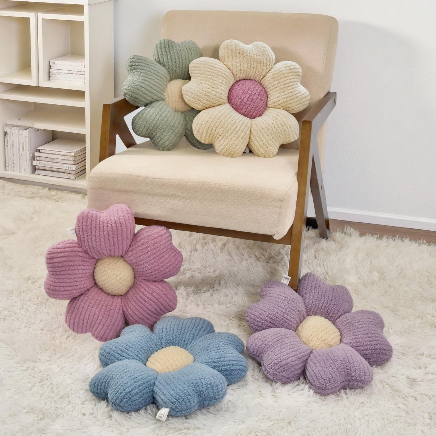 JZNEXD 2 Pcs Sage Green Decorative Throw Pillows, 15'' Cute Daisy Flower Shaped Pillow Floor Seating Cushion for Bed Couch Bedroom Room Dorm Decor (Sage Green & Ivory)