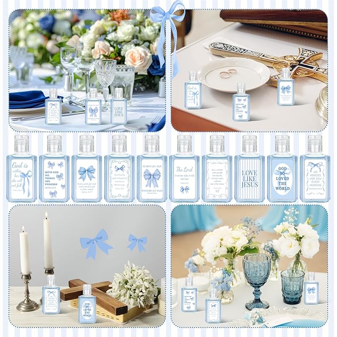 50 Pcs Christian Mini Hand Sanitizer Bulk Coquette Bible Verse Hand Sanitizer Blue Bow Religious Inspirational Favors 1fl oz Travel Size Hand Soap Gift for Christmas Christian Party Supplies
