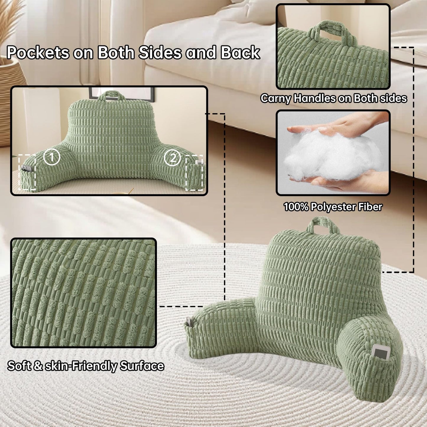 PAJEO Reading Pillow for Sitting in Bed with Arm Rests,100% 7D Fiber Filling Sitting Pillow for Back Support,Oeko-TEX Certified Backrest Pillow for Couch & Floor(17",Green Corduroy)