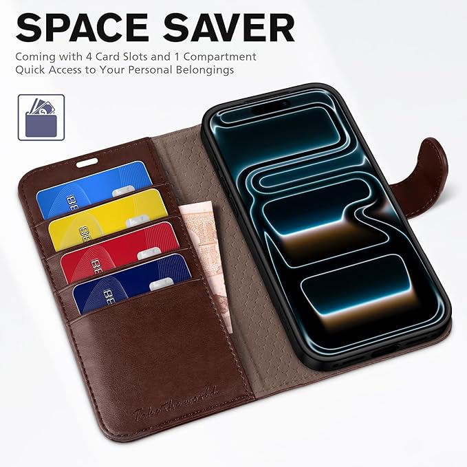 TUCCH Wallet Case for iPhone 17 Pro Max (6.9-Inch) 2025, 4 Card Holders, RFID Blocking, Stand, Shockproof TPU Shell, PU Leather, Magnetic Closure, Protective Folio Cover, Chocolate Brown