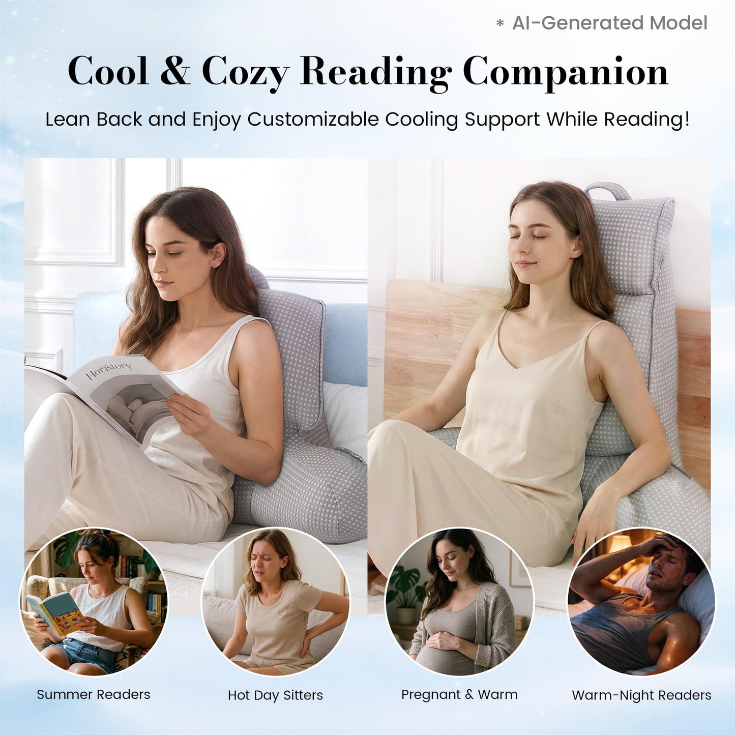 Amélie Home Cooling Reading Pillow with Arms for Adults, Breathable Waffle Fabric Bed Rest Pillow for Sitting Up, Ergonomic Back Support with Pockets for Gaming Relaxing, Cooling Gray, 29 Inches