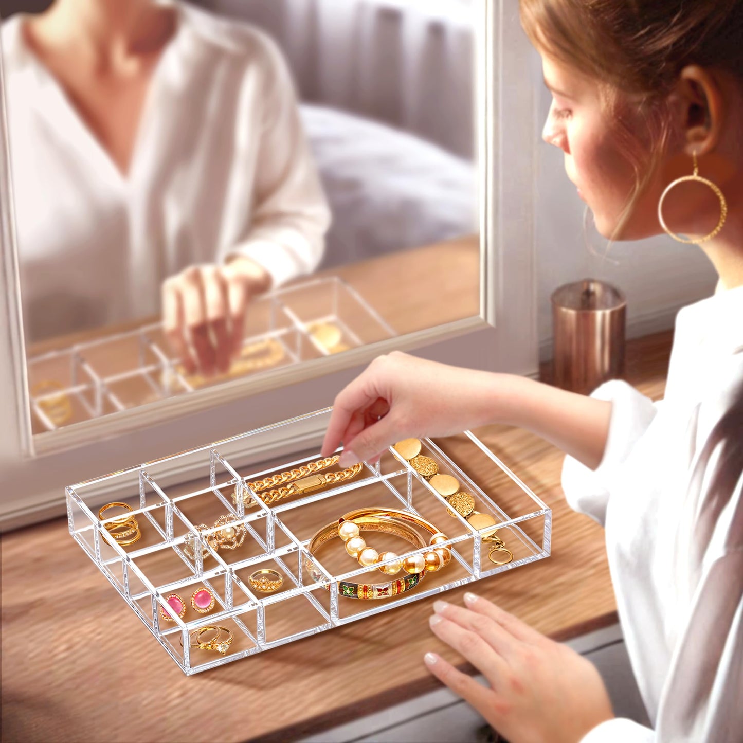 Amazing Abby - Jewel - 2-Pack Acrylic Jewelry Organizer, Plastic Jewelry Tray, Jewelry Case, Trinket Tray, Ring Holder, Perfect Storage Solution for Necklaces, Bracelets, Rings, and More