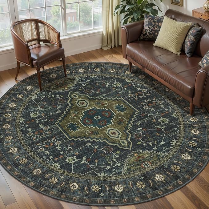 Tangsoo Green Round Rugs 4ft Washable Circle Rug, Non Slip Small Boho Round Area Rug, Oriental Low Pile Circular Rugs, Vintage Round Carpet for Living Room Bedroom,Entryway,Nursery,Dorm,Olive Green