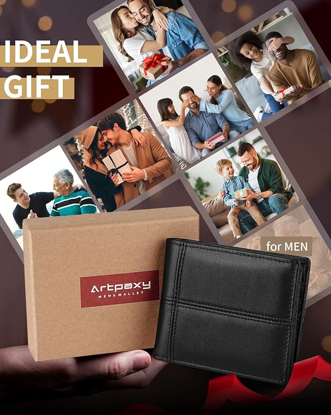 Artpaxy Mens Wallet Bifold Genuine Leather RFID Blocking Wallet for Men with 2 ID Windows 12 Card Holders 2 cash pockets 1 Gift Box
