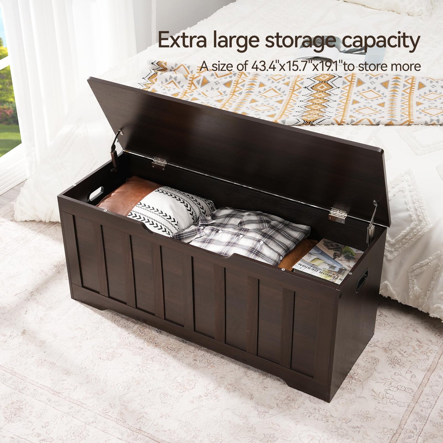 VANKILEY 43.3" Storage Chest Extra Large,Storage Trunk with 2 Safety Hinges,Wooden Storage Bench,Shoe Bench,43.3x15.7x19.1 Inch,Easy Assembly,Storage Bench for Bedroom,Living Room,entryway(Espresso).