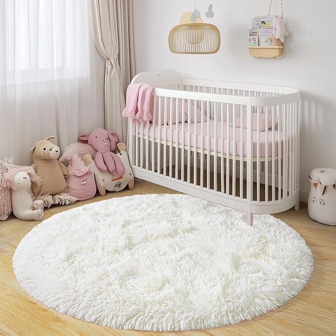 Round Fluffy Rugs 3Ft for Girls Bedroom, Cream White Shag Circle Kids Rug Non-Slip for Bedside Dorm Nursery Playroom, Soft Cute Area Rugs for Living Room Decor