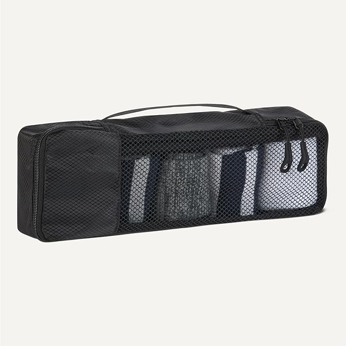 Amazon Essentials 4-Piece Packing Cubes Travel Accessories Set, Luggage Organizer with Double Zipper, Mesh Top, 100% Polyester, Slim, Black (Previously Amazon Basics)