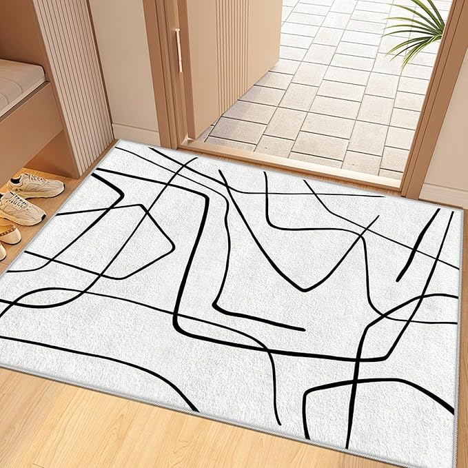 Black and White Rug - 8x10 Area Rugs, Abstract Area Rug, Black and White Rugs for Living Room, Modern Minimalist Washable Carpet, Contemporary Carpet Non Slip Home Decor, Curve
