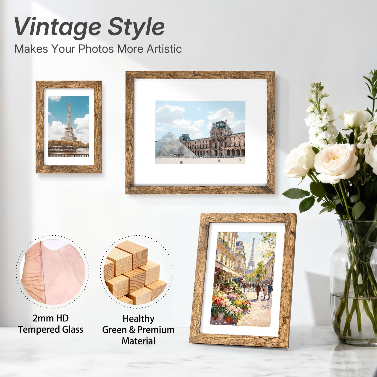HOUSE DAY Wood 4x6 picture frame, Wooden Picture Frames 4x6 Frame with Real Glass, Rustic 4 x 6 Picture Frame for Wall or Tabletop, Display Picture 4x 6 Without Mat or 3.5x5 with Mat (5 Brown)