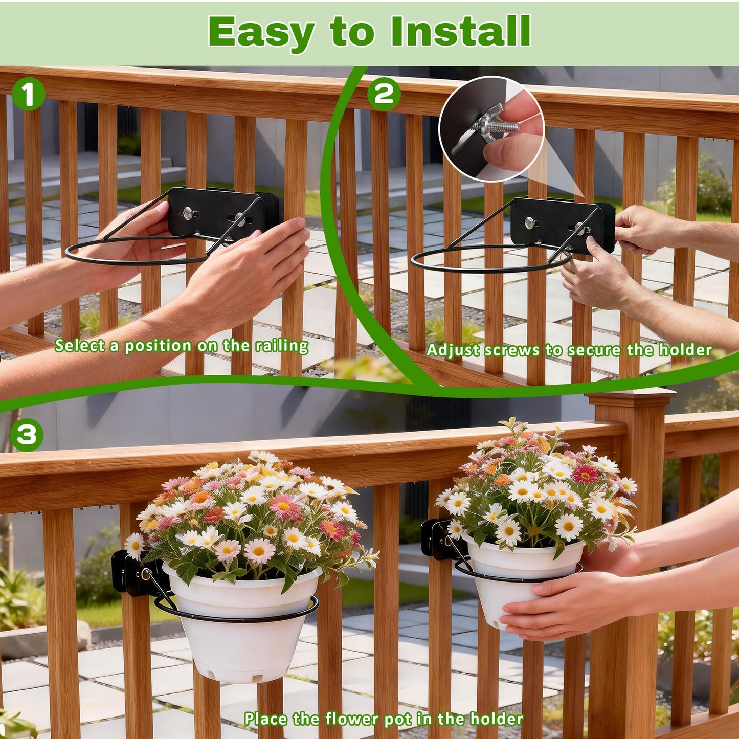 Mytium Railscapes Plant Holder Between Rails - 3pc Heavy Duty Hanging Plant Holder Adjustable Width Rail Scapes for Plants Railings Metal Hanging Plant Pot Stand for Balcony Patio and Stair