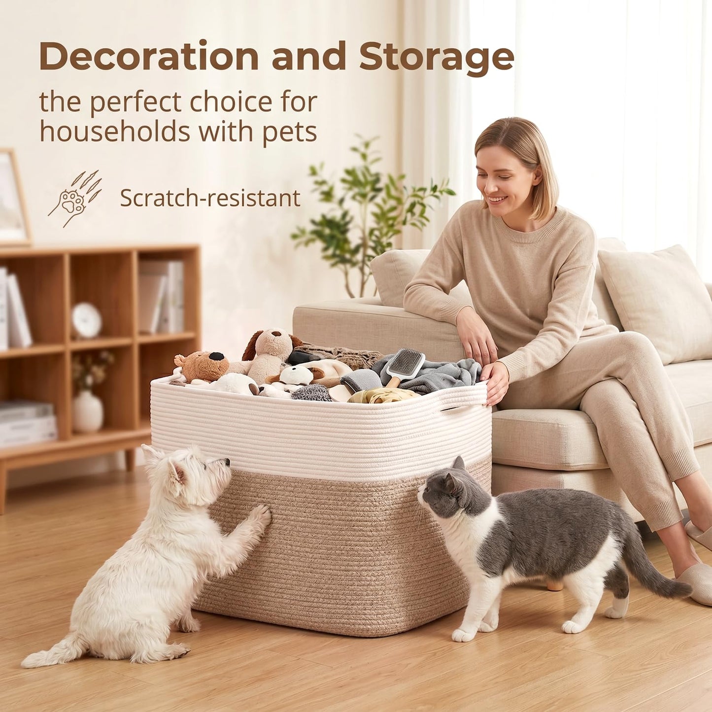 OIASKET 108L Cotton Rope Storage Basket for Living Room and Bedroom 25"x16"x16" Woven Laundry Basket, Heavy Duty Bin for Blankets, Pillows & Toys, Pet-Safe & Scratch-Free, Brown and White