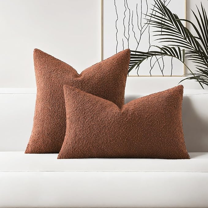 HAUSSY Set of 2 12x20 Decorative Throw Pillow Covers, Soft Cozy Textured Boucle Lumbar Pillow Cases, Home Decor for Couch Bed Living Room, Rust