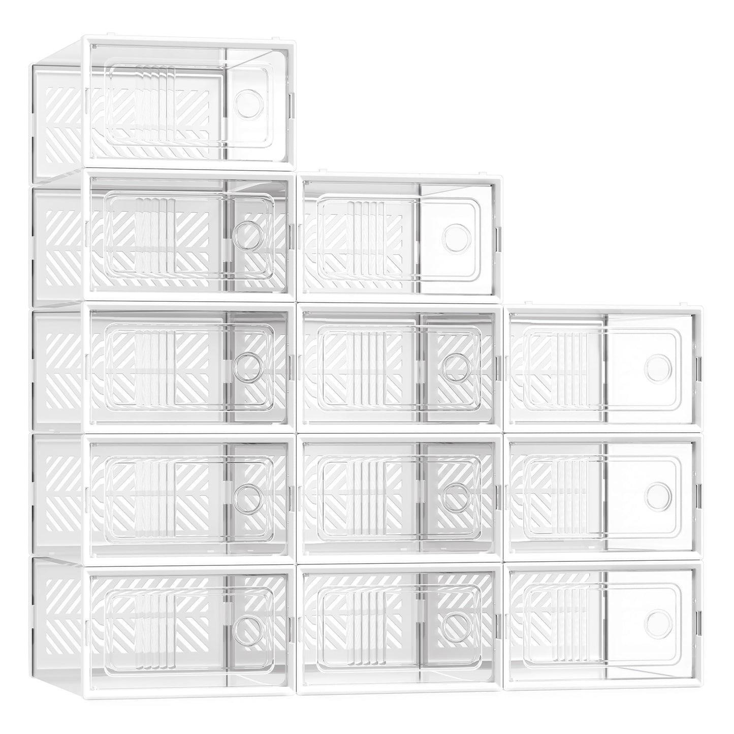 SONGMICS Stackable Shoe Boxes, Foldable Shoe Storage Organizers, Ventilated, for Max. Men's Shoes US Size 9 or Women's Shoes US Size 11, Sneakers, Set of 12, Transparent and White ULSP106W12V2