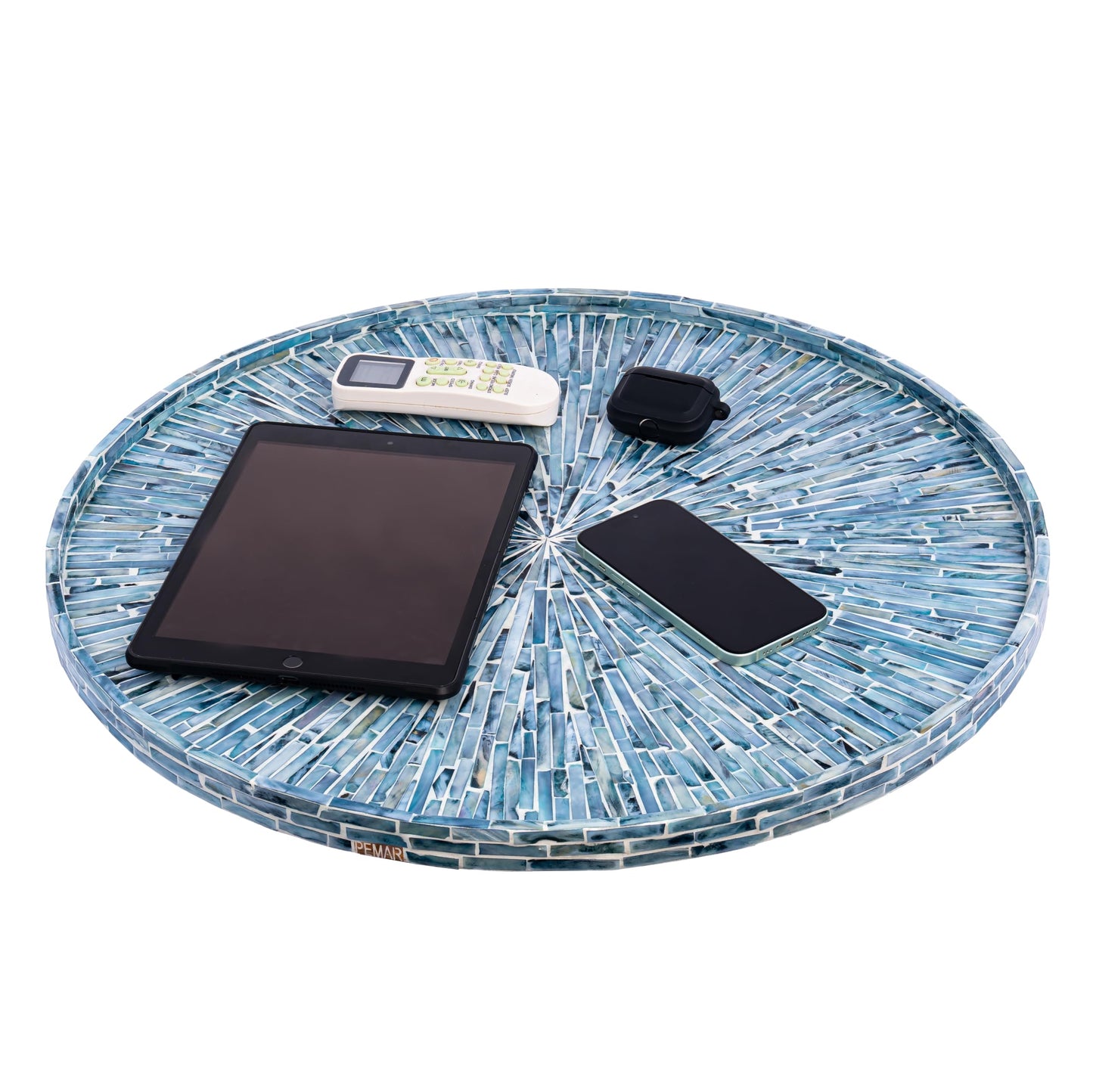 PEMAR 22" Round Mother of Pearl Extra Large Ottoman Tray with Raised Edge, Oversized Decorative Luxury Wooden Serving Tray for Food, Coffee Table, Breakfast in Bed (Blue Sunlight)
