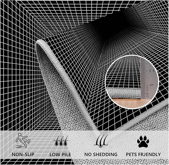 Optical Illusion Rug - Washable Rugs 4x5, Abstract Geometric Lines Soft Neutral Indoor Floor Mats Plaid Carpet, Non-Slip Stain Resistant Modern Black Rug for Bedroom, Living Room Rugs