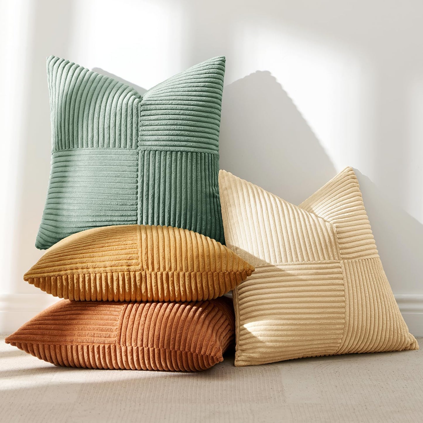 ANRODUO Pack of 4 Decorative Throw Pillows for Couch Orange Teal 18x18 Inch Boho Cozy Soft Corduroy Cushion Covers Farmhouse Accent Pillowcases for Mid Century Summer Home Decor Sofa Bed Living Room