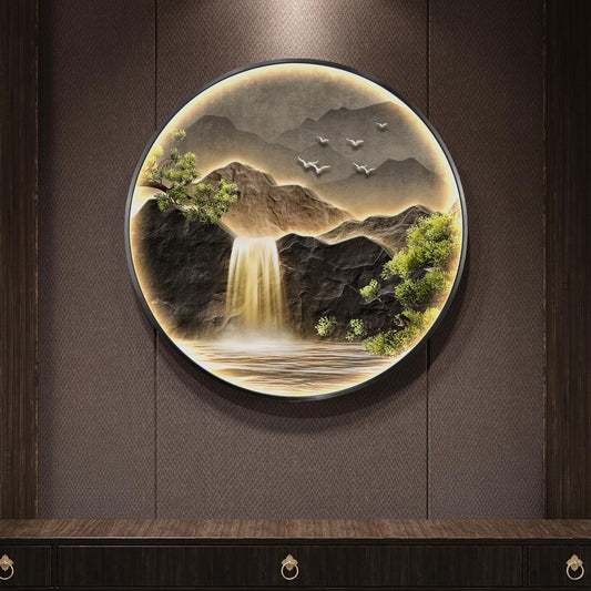 Large LED Mountain Waterfall Wall Art for Living Room, Framed Round Modern Lighted Landscape Picture Artwork for Walls, Backlit Nature Wall Decor for Hallway, Dining Room, Entryway, Office, 30x30 Inch