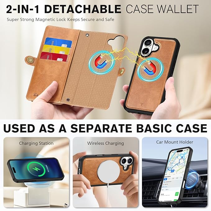 TUCCH Removable Crossbody Case Wallet for iPhone 17 (6.3-inch) 2025, Wireless Charging, RFID Blocking 9 Card Slots, Lanyard, Wrist Strap, Zipper Pocket, PU Leather, Stand Magnetic Cover, Light Brown