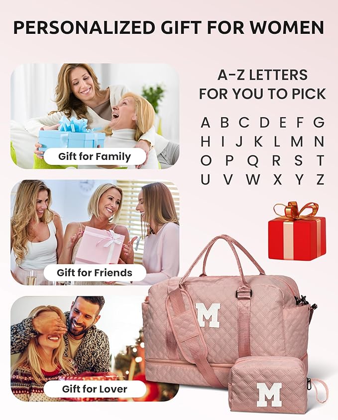 Vogewood Girls Duffle Bag, Initial Bag, Personalized Weekender Bag with Shoulder Strap, Monogram Overnight Bag for Women Wet Pocket, Letter Travel Bag with Makeup Bag Gifts for Niece (Letter R)