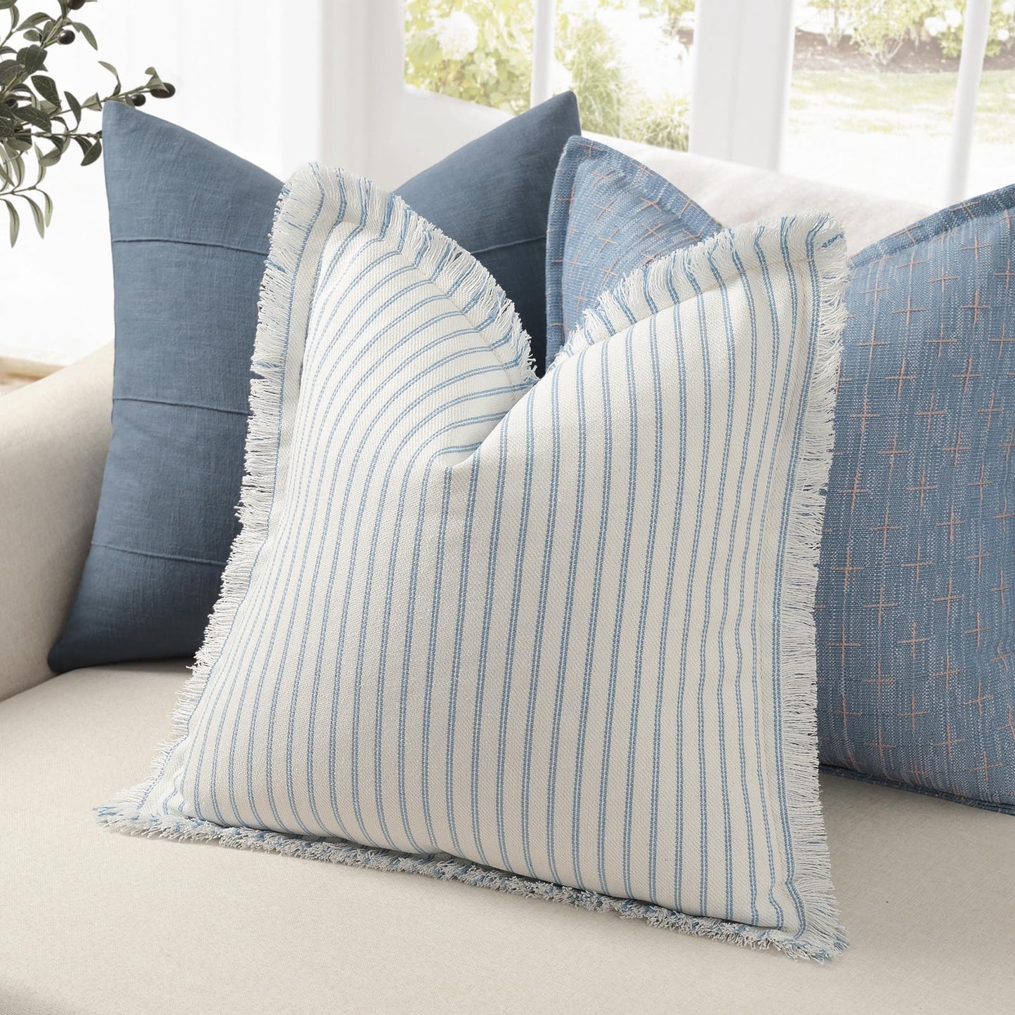 ZWJD Throw Pillow Covers 24x24 Set of 2 Striped Pillow Covers with Fringe Chic Cotton Decorative Pillows Square Cushion Covers for Sofa Couch Bed Living Room Farmhouse Decor (Light Blue)