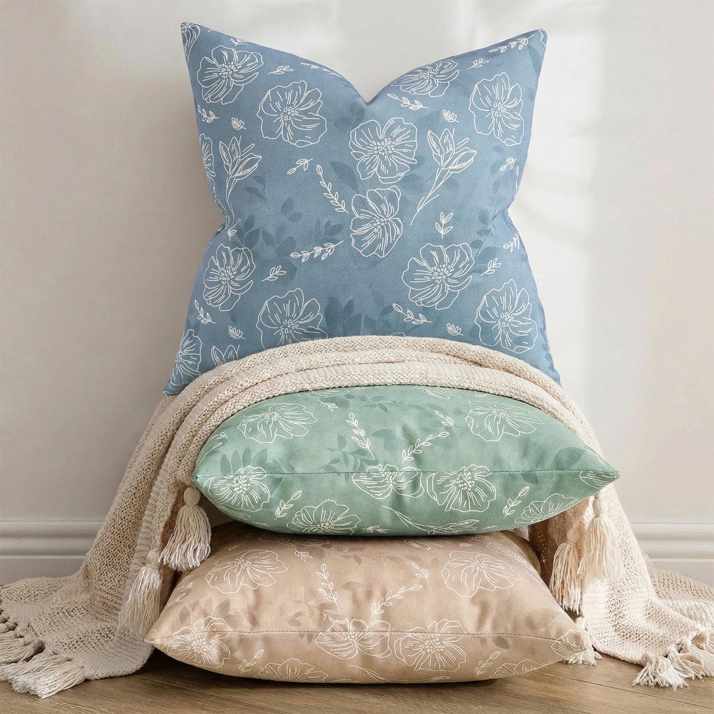 decorUhome Floral Botanical Pillow Covers 20x20 Set of 2, Faux Linen Decorative Throw Pillow Covers with White Line Flower Print for Couch Sofa Bed, Blue
