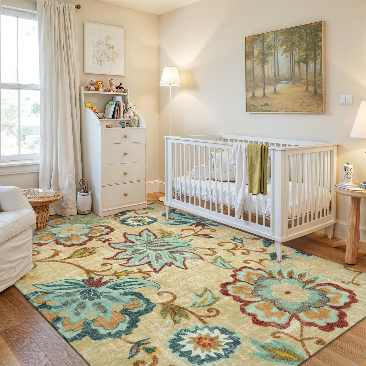 Lahome Floral Washable Rug for Living Room - Area Rugs 5x7 Non-Slip Lightweight Bedroom Throw Soft Kid Room Nursery Carpet, Boho Beige Paisley Print Indoor Carpet for Office Dining Room Kitchen