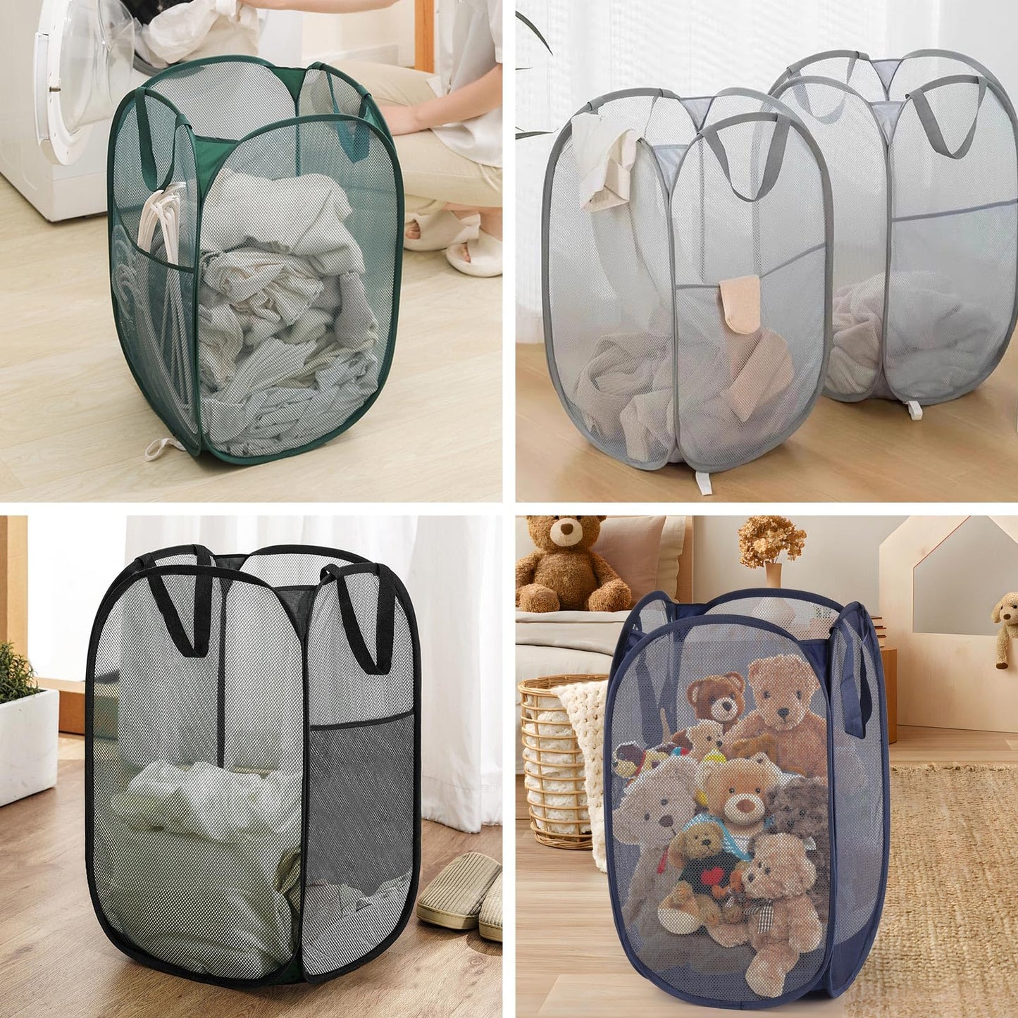 4Pcs Pop Up Laundry Basket Set, Collapsible Pop Up Hamper in 4 Colors, Mesh Laundry Basket for Home, Dorm, Travel & Storage