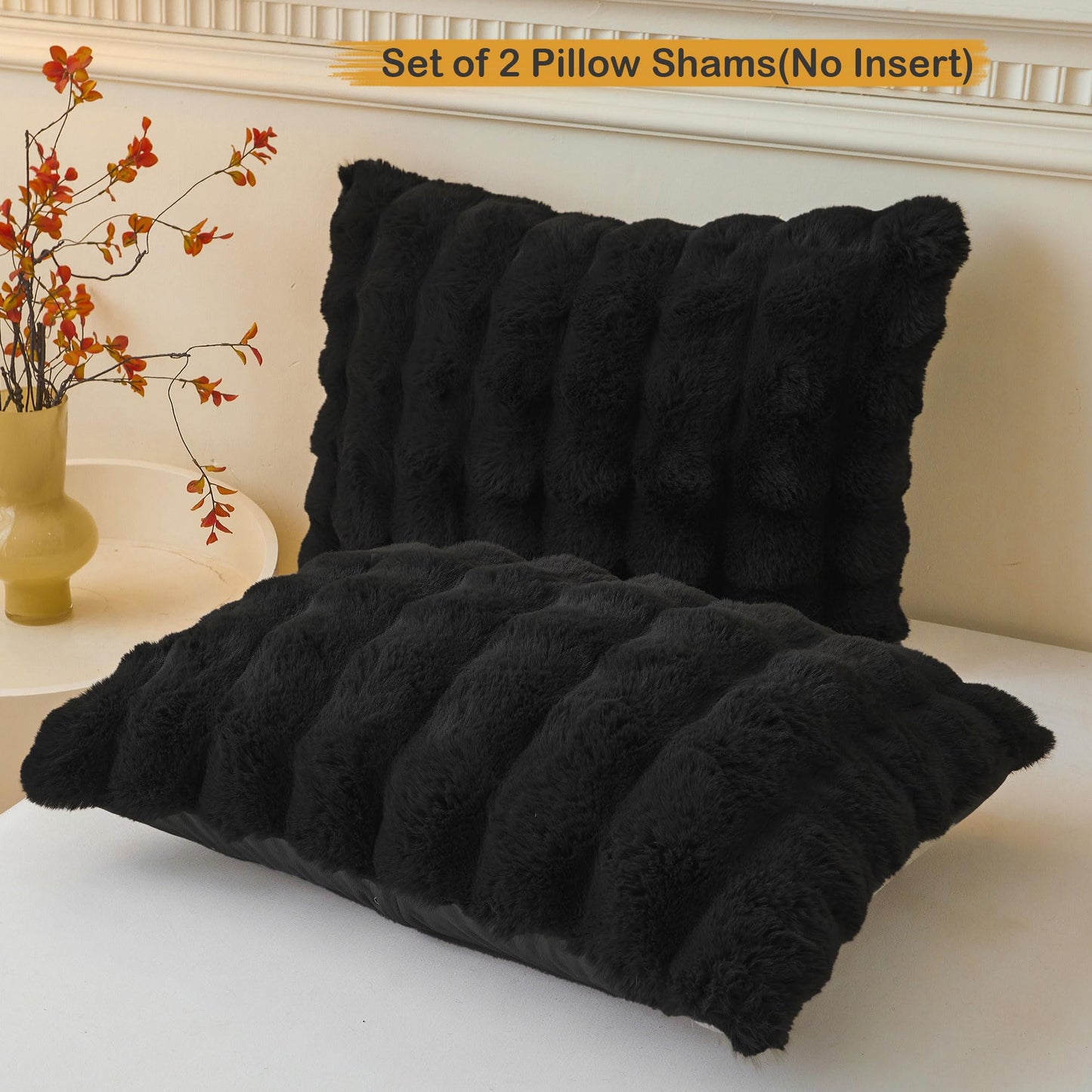LIFEREVO 2 Pack Fluffy Faux Rabbit Fur Pillow Cases, Luxury Soft Plush Shaggy Bubble Pillowcases Standard Size with Zipper Closure, Furry Fuzzy Long Pillow Shams for Bedroom Living Room 20x26, Black
