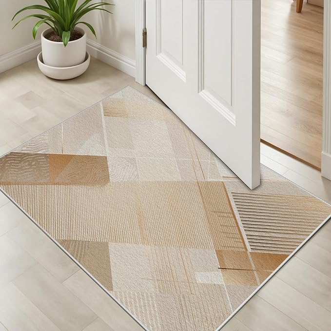 Minimalist Abstract Area Rug 7x9 Brown Boho, Modern Washable Stripe Art Rugs, Soft Non-Slip Low-Pile Carpet for Living Room, Bedroom, Kitchen, Dining Room, Pet Friendly, Non-Shedding, Beige