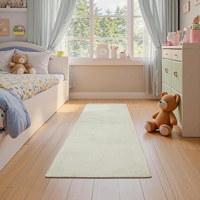 jinchan Solid Plush Runner Rug 2x5 Performance Shaggy Washable Hallway Rug Soft Modern Faux Wool Cozy Non Slip Carpet for Bedroom Laundry Room Living Room Kids Nursery Ivory