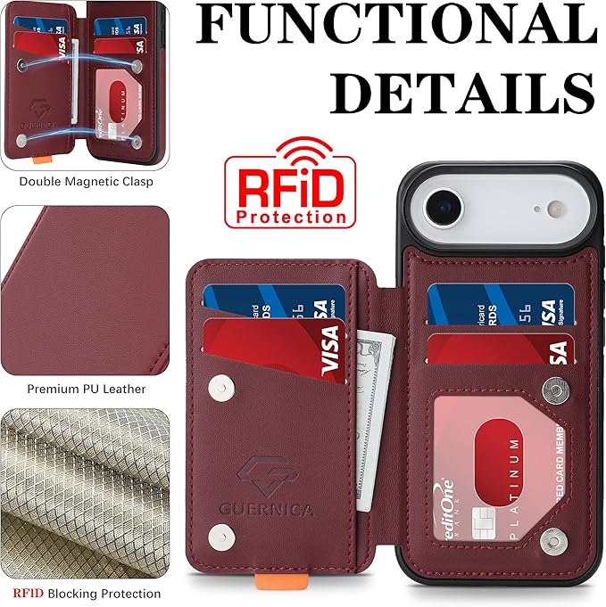 GUERNICA for iPhone 17 Air (6.7") Case Wallet with Card Holder, RFID Blocking Leather Protection, Shockproof Women Men Phone Case for iPhone Air, Wine Red