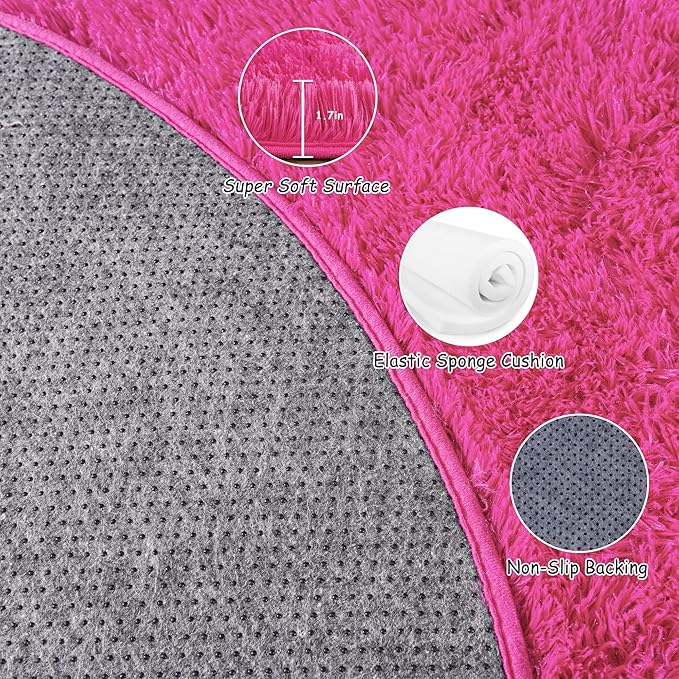 Round Fluffy Rugs 8Ft for Girls Bedroom, Hot Pink Shag Circle Kids Rug Non-Slip for Bedside Dorm Nursery Playroom, Soft Cute Area Rugs for Living Room Decor