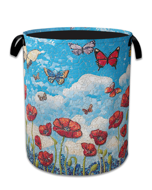 Vintage Poppy Flowers Laundry Basket,Foldable Waterproof Oxford Cloth Tote Bag Butterfly Laundry Hamper with Handles,20.8"x16" Clothes Storage Bucket Organizer for Laundry Room, Bathroom, Bedroom