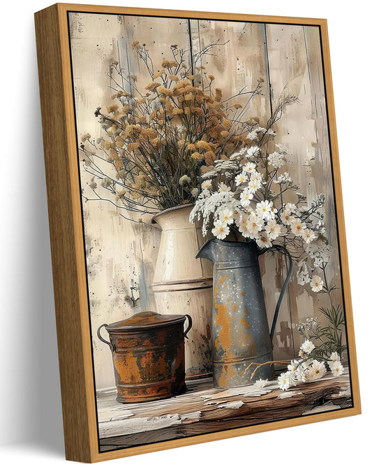 Framed Rustic Farmhouse Daisy Canvas Wall Art Vintage Country Flower Painting Picture Wall Decor Daisy Flowers and Watering Can Poster Print for Living Room Bathroom Home Decoration 12x16in