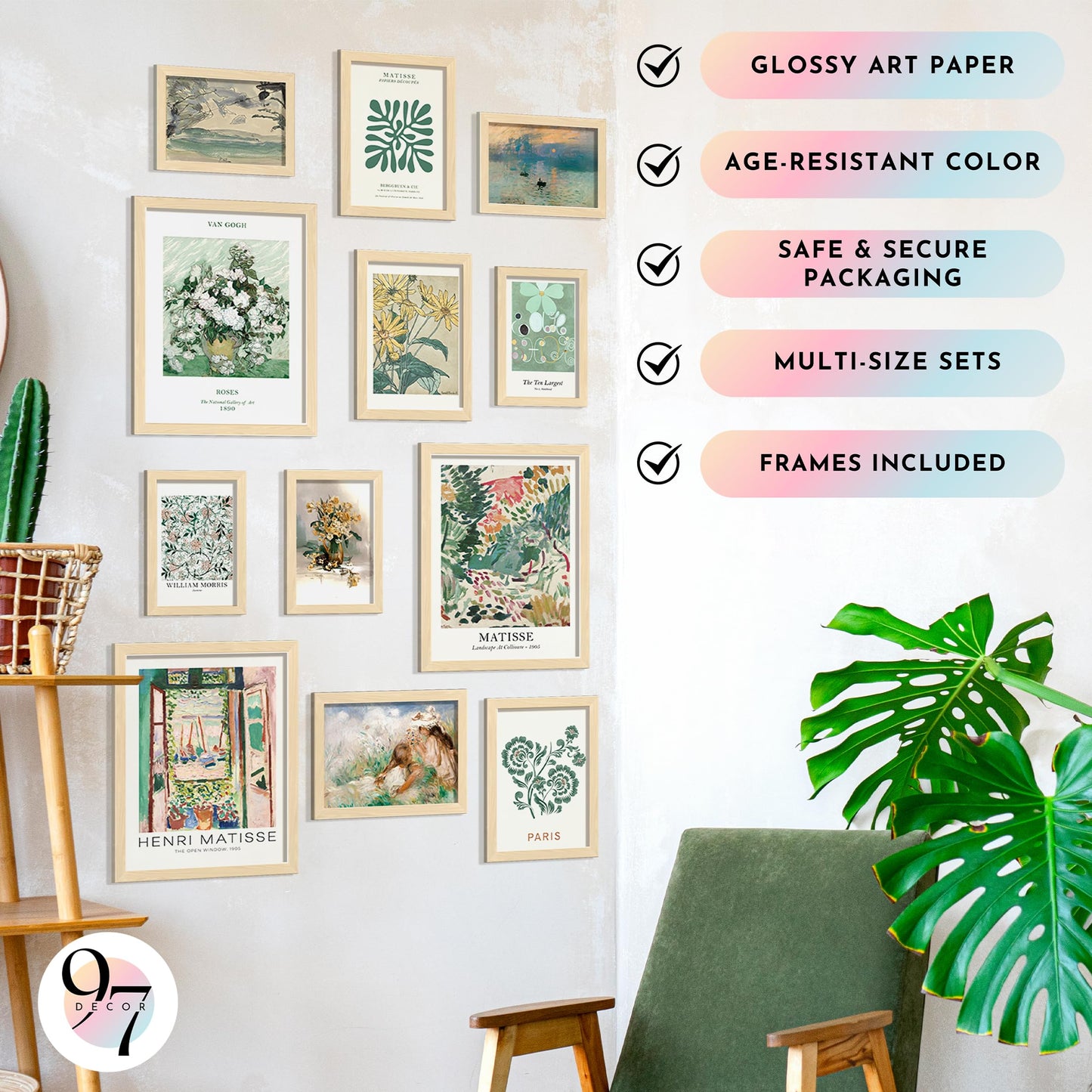 97 Decor Sage Green Framed Wall Art - 12 Pcs Sage Green Wall Art Prints For Dorm,famouse Artist Paintings Matisse Posters For Room Aesthetic, Abstract Boho Pictures For Bedroom, Living Room (BEIGE FRAME)