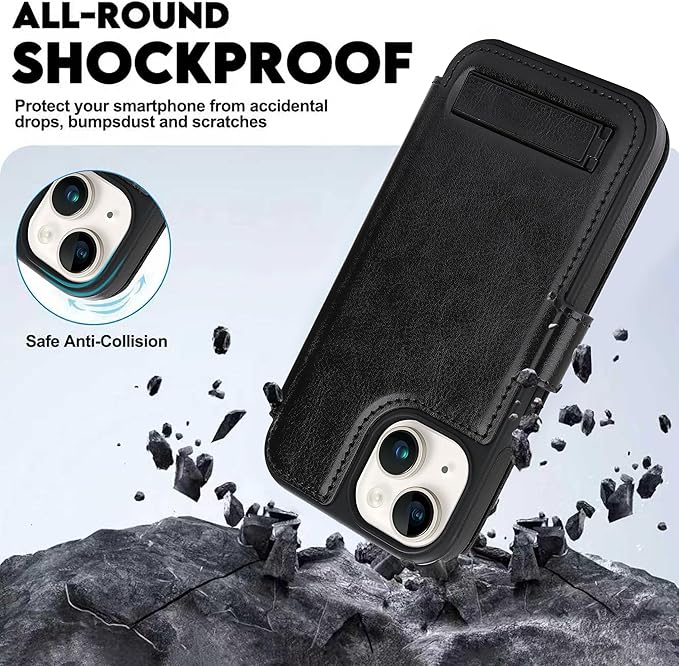 CIVICASE for iPhone 13/iPhone 14 Wallet Case with Stand,PU Leather Flip Credit Card Holder Slots (RFID Blocking),Compatible with Magsafe Magnetic Holder Phone Cover Women Men,Black