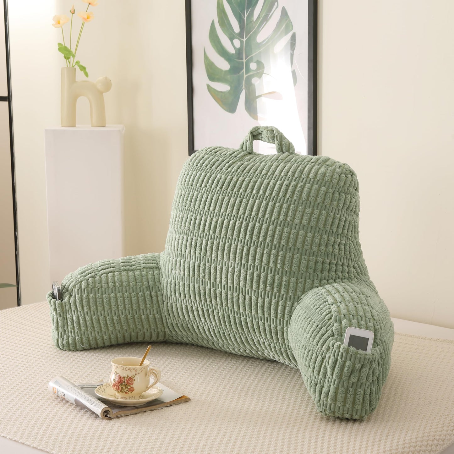 PAJEO Reading Pillow for Sitting in Bed with Arm Rests,100% 7D Fiber Filling Sitting Pillow for Back Support,Oeko-TEX Certified Backrest Pillow for Couch & Floor(17",Green Corduroy)