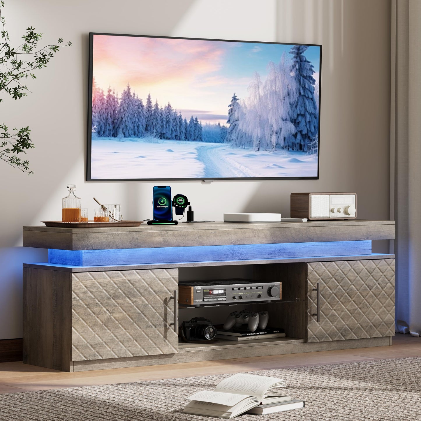 BOXACTION TV Stand for TVs Up to 65 Inch, Entertainment Center with Power Outlet, RGB LED Lights, Adjustable Glass Shelf, Storage Cabinets, Media Console Table for Living Room, Grey