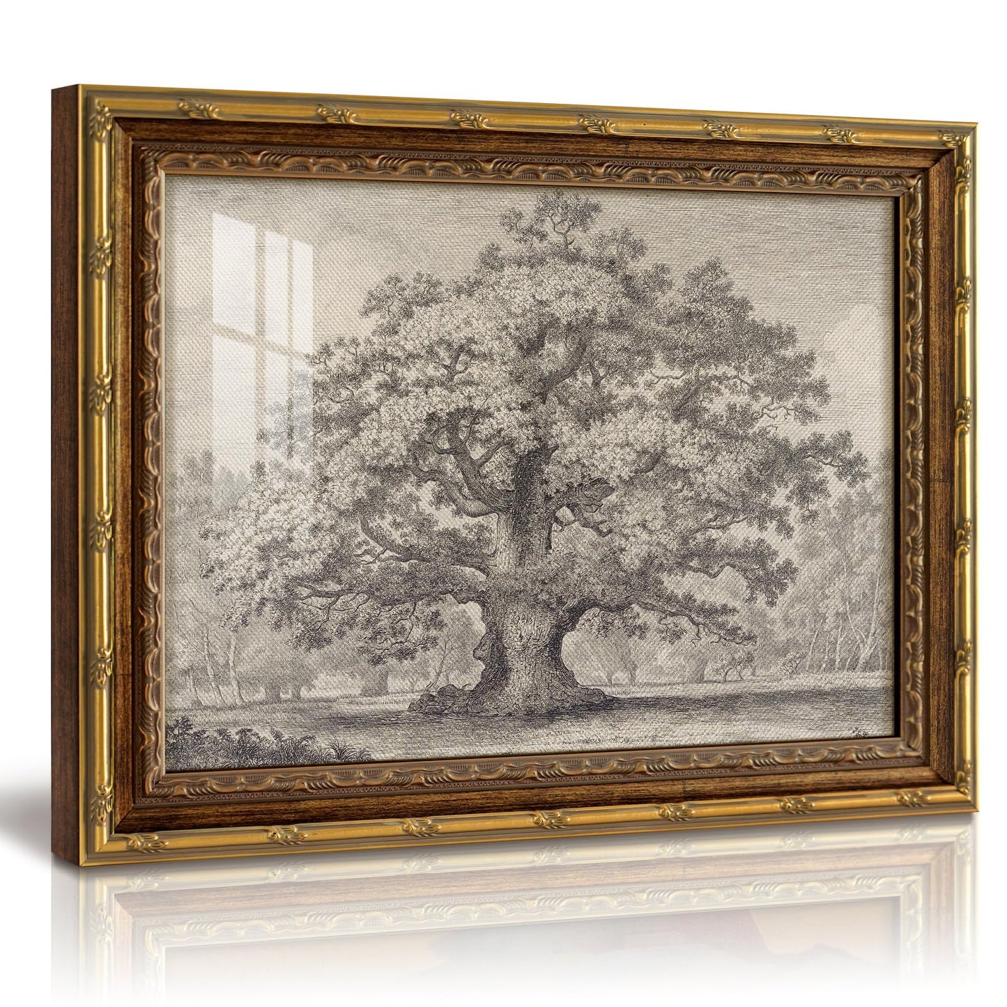 InSimSea 13x16 Gold Framed Vintage Wall Art with Glass, Sketch Oak Tree Landscape Canvas Prints, Rustic Farmhouse Botanical Artwork for Living Room Bedroom Bathroom Office
