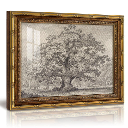 InSimSea 13x16 Gold Framed Vintage Wall Art with Glass, Sketch Oak Tree Landscape Canvas Prints, Rustic Farmhouse Botanical Artwork for Living Room Bedroom Bathroom Office