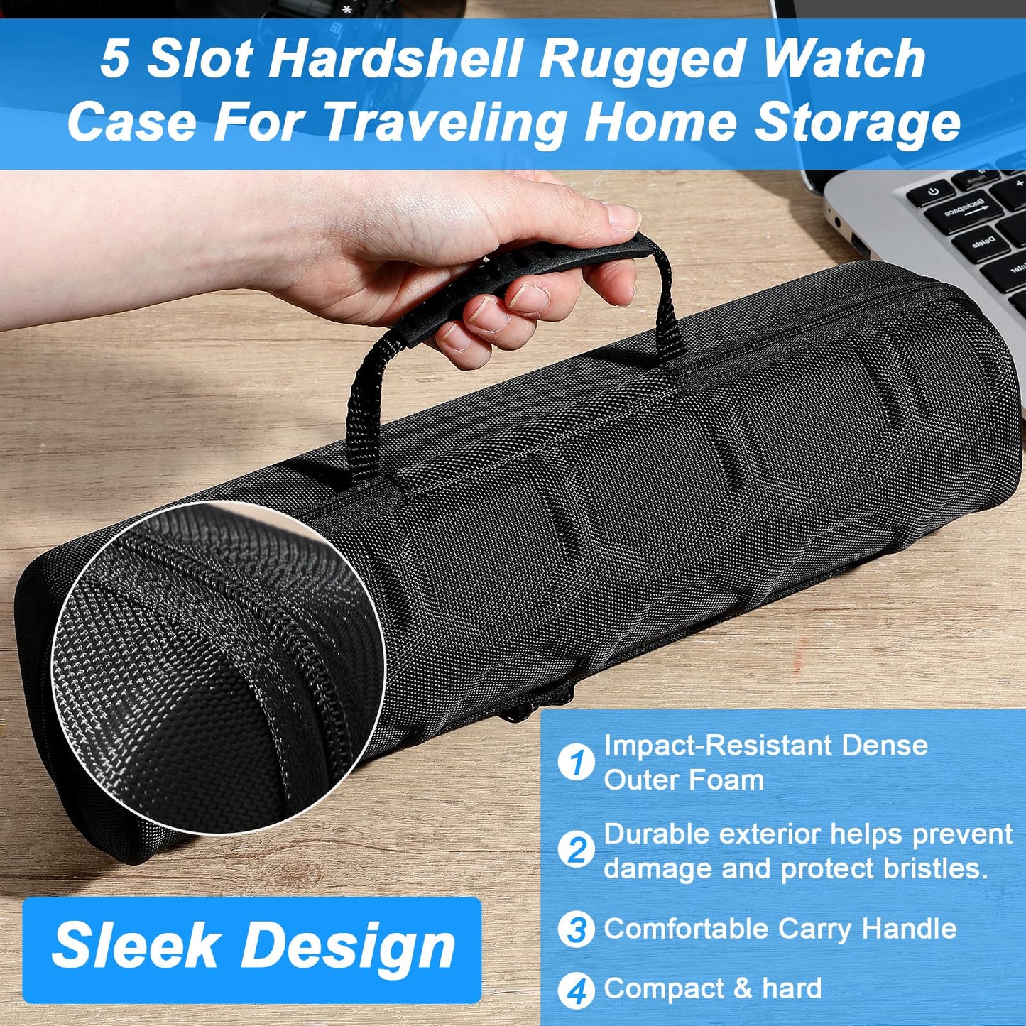 Ubamdom 2 Pcs 5 slots Hard men's watch travel case, Portable zipper storage organizer box with soft compressible foam pillow to fit large and small watchesBlack
